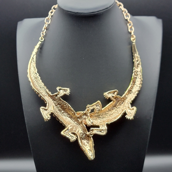 NOS Crystal Alligator Statement Necklace Green & Amber Rhinestone Crocodile Bib - Picture 10 of 15